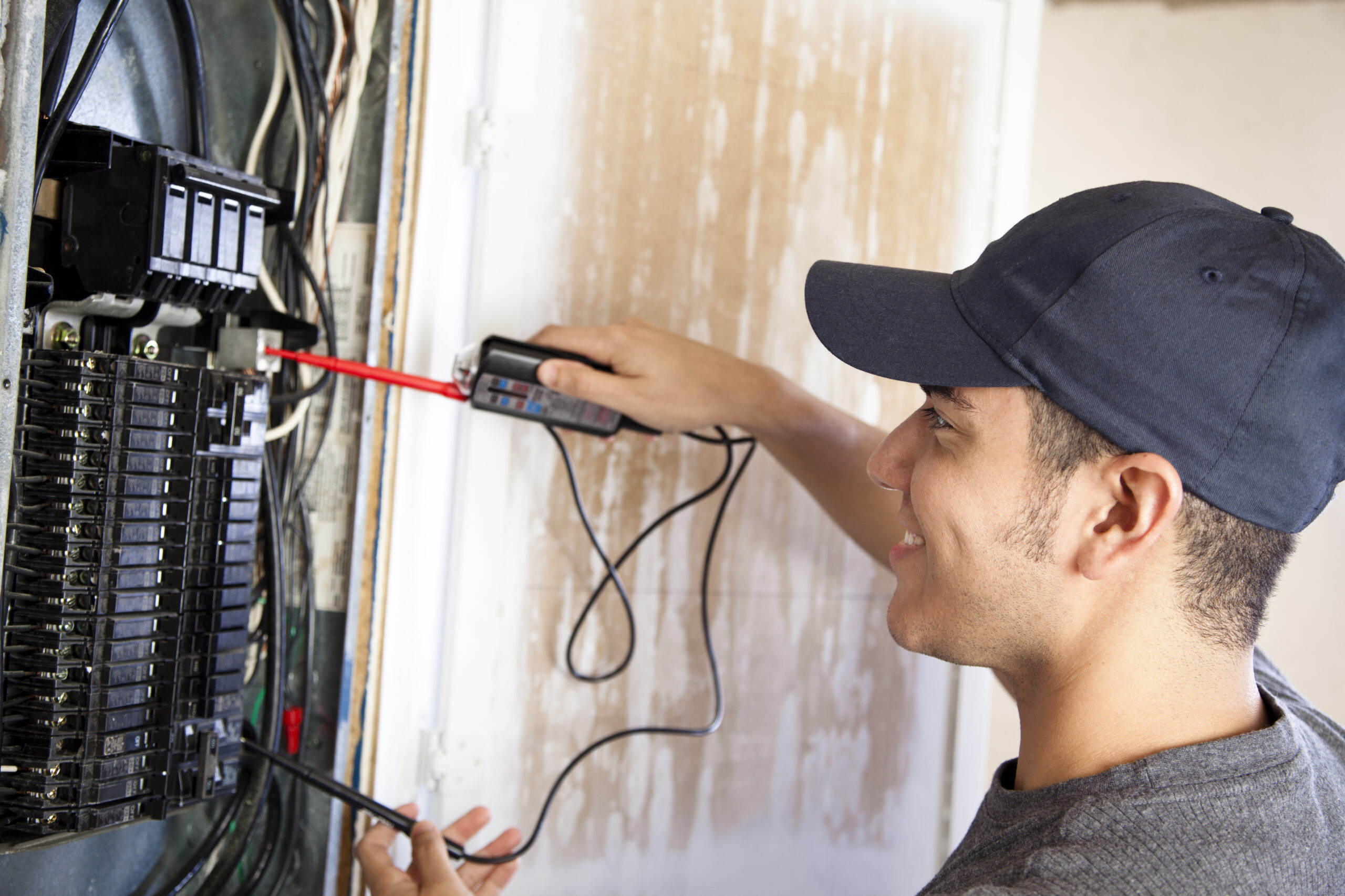 Electrician using a multimeter to check electrical panel connections, ensuring safety and functionality of home wiring systems.