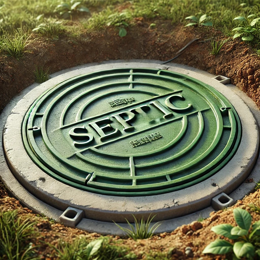 Septic tank lid in grassy yard, illustrating home waste management systems and potential for septic-to-sewer conversion.