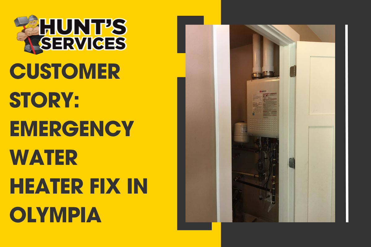 Hunt's Services logo with text "Customer Story: Emergency Water Heater Fix in Olympia" alongside an image of a water heater inside a home setting.