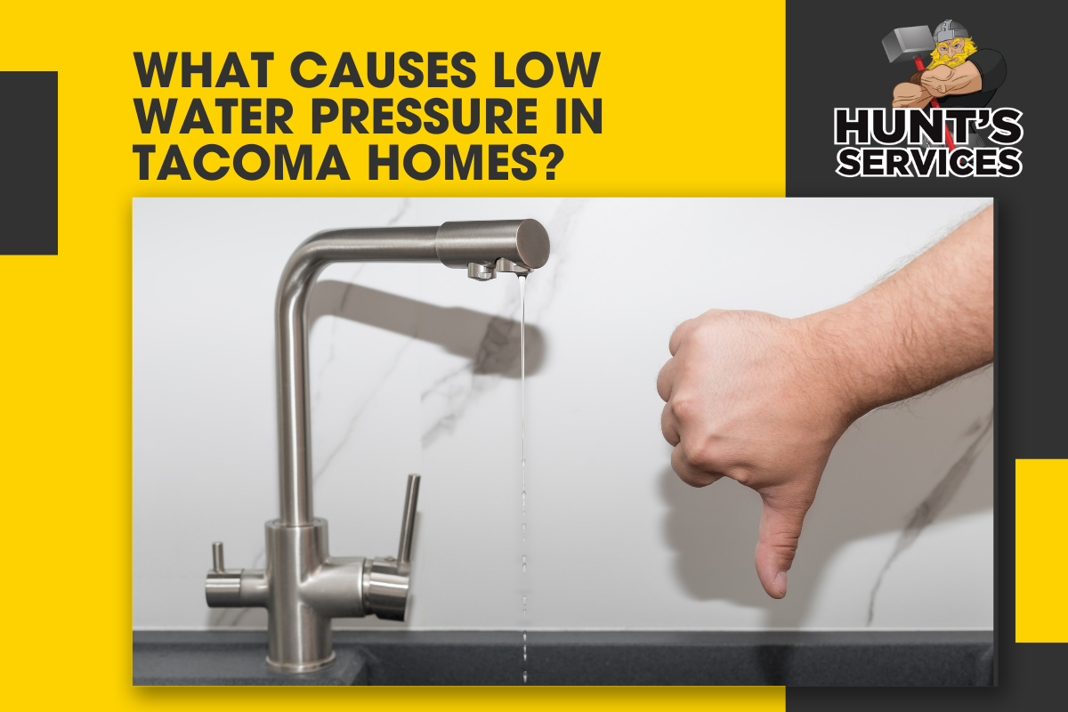 Faucet with low water pressure and hand making a thumbs-down gesture, highlighting plumbing issues in Tacoma homes, with Hunt's Services branding.