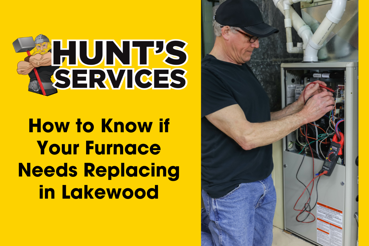 Man inspecting furnace wiring with multimeter, featuring Hunt's Services branding and article title on furnace replacement in Lakewood.