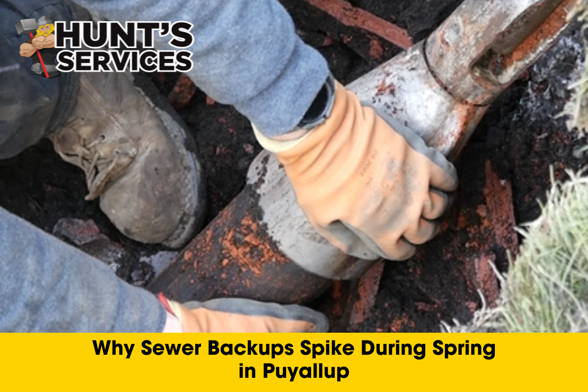 Person in gloves repairing a sewer pipe in Puyallup, emphasizing the need for professional services during springtime sewer backups, with Hunt's Services logo visible.