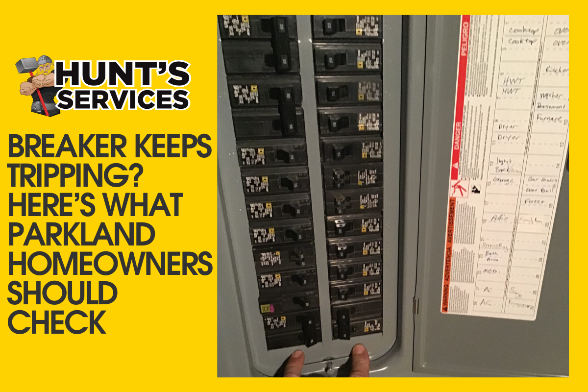 Breaker panel with tripped circuit breakers, hand pointing, and Hunt's Services logo, highlighting electrical safety tips for Parkland homeowners.