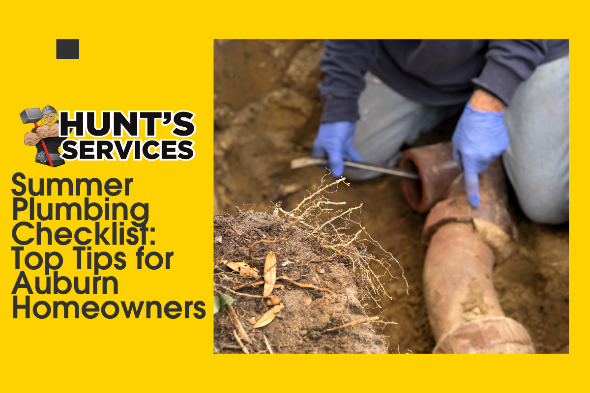 Plumber inspecting a damaged pipe with roots, featuring Hunt's Services logo, in a summer plumbing checklist context for Auburn homeowners.