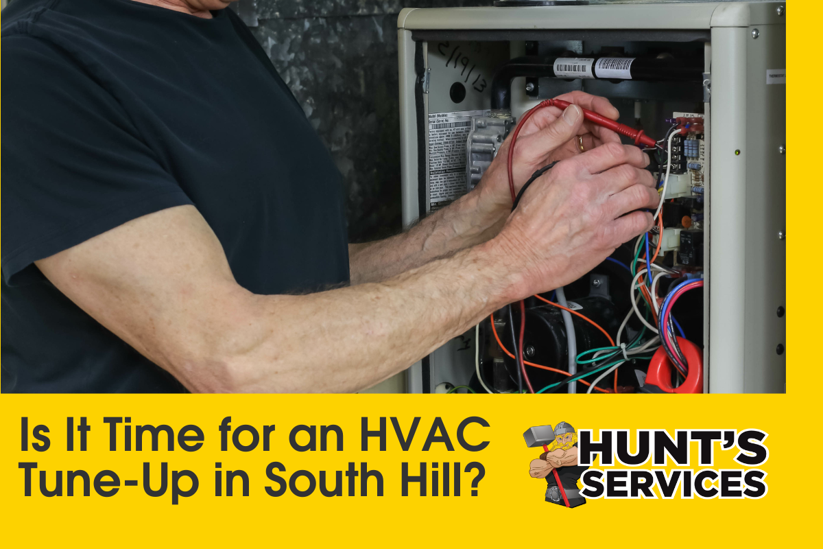 Technician performing HVAC tune-up on system in South Hill, featuring Hunt's Services branding and inquiry about HVAC maintenance.