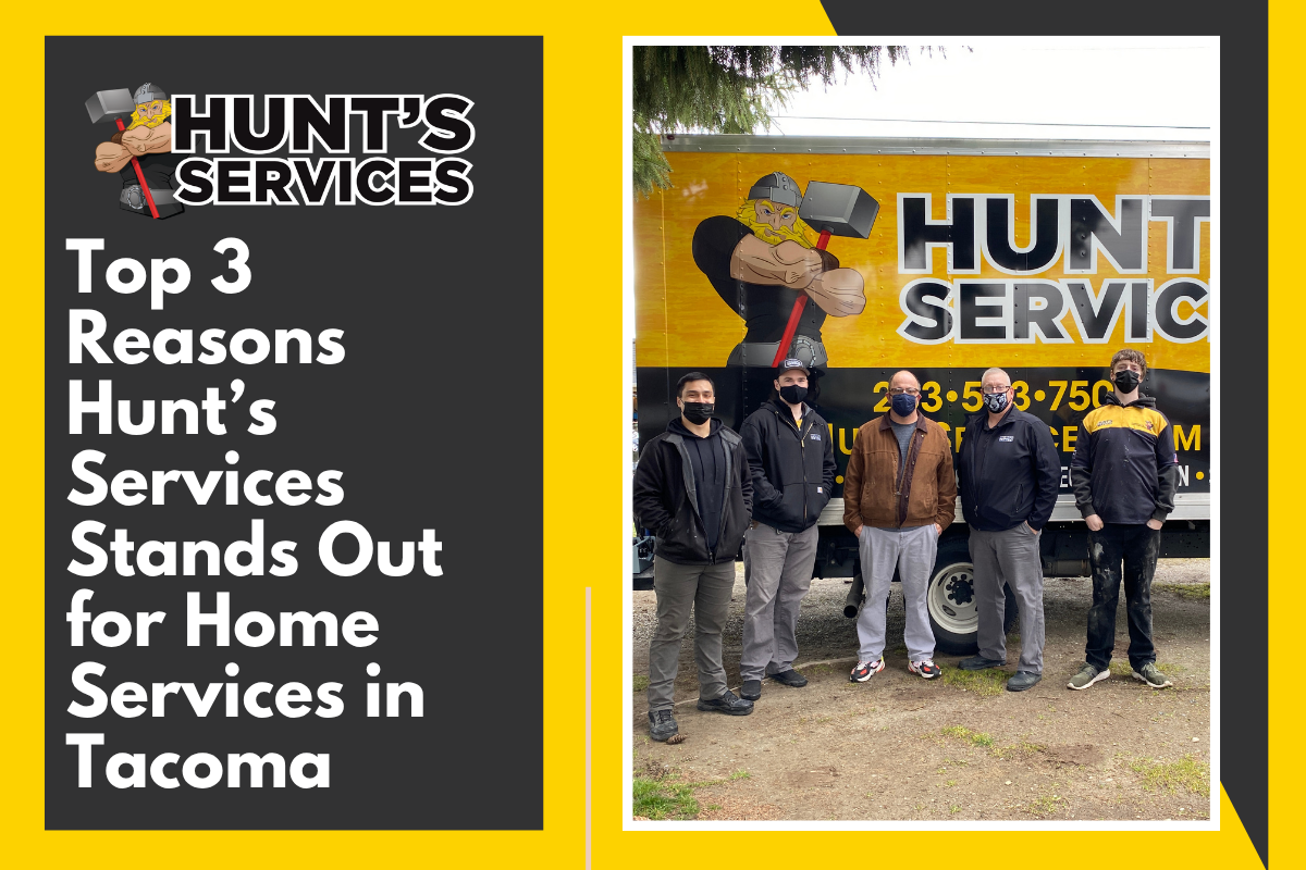Hunt's Services team members standing in front of branded service truck, promoting home services in Tacoma.