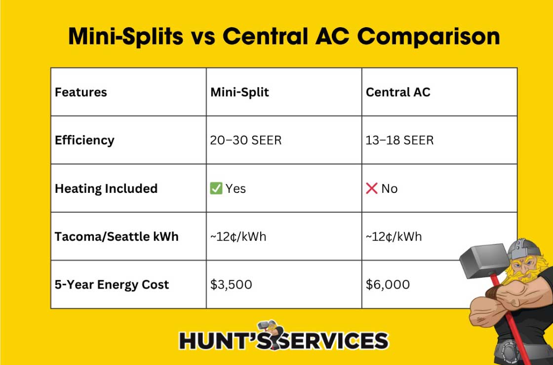 Mini-splits vs Central AC comparison chart highlighting efficiency, heating inclusion, energy costs, and Tacoma-Seattle kWh rates, featuring Hunt's Services branding and mascot.
