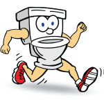 Cartoon toilet character with arms and legs running, symbolizing fast plumbing services, relevant to Hunt's Services' emergency plumbing solutions.