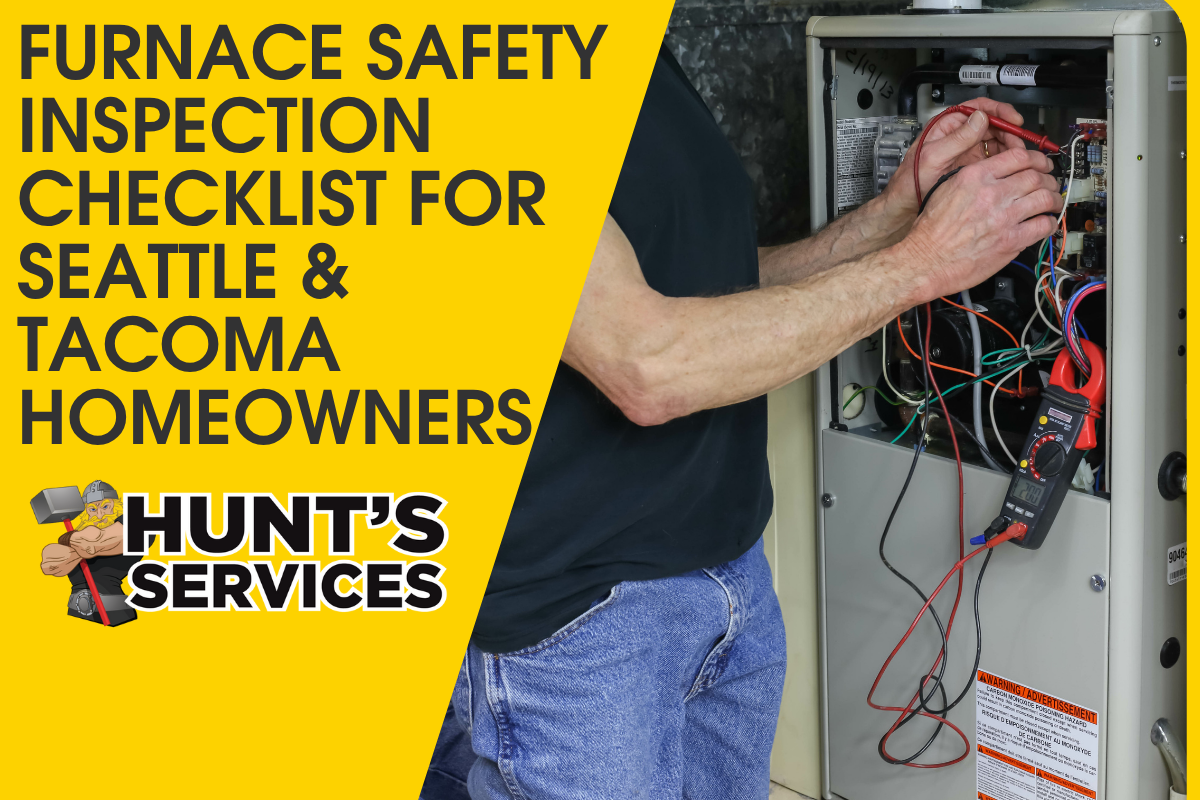 Furnace safety inspection checklist for Seattle and Tacoma homeowners, featuring a technician working on a furnace with multimeter and colorful wires, Hunt's Services branding.