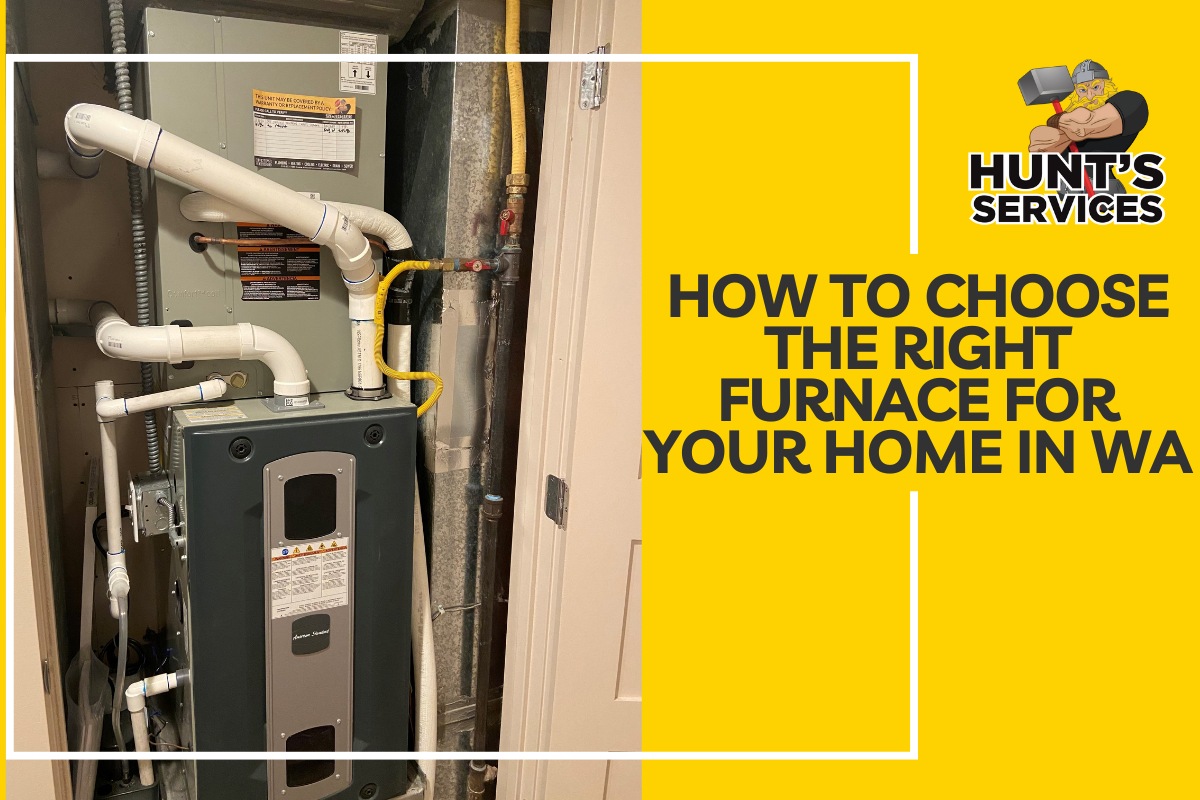 Furnace installation with visible pipes and components, featuring text overlay "How to Choose the Right Furnace for Your Home in WA," relevant to HVAC systems and home heating solutions in Washington.