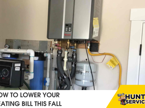 Rinnai tankless water heater installation with plumbing connections, featuring a text overlay about lowering heating bills this fall, from Hunt's Services.